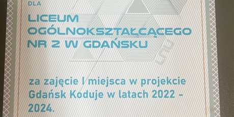 Powiększ grafikę: Dyplom dla II LO za udział w projekcie "Gdańsk koduje"