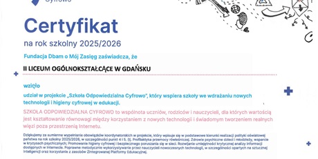 II LO w Gdańsku ponownie z Certyfikatem „Szkoła Odpowiedzialna Cyfrowo”