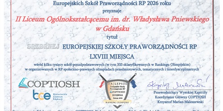 Prestiżowy certyfikat dla II LO