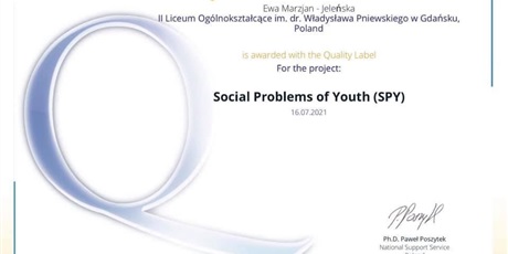 Powiększ grafikę: Krajowa Odznaka Jakości w projekcie eTwinning zatytułowanym Social Problems of Youth 
