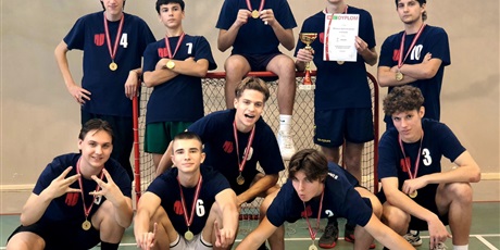 Powiększ grafikę: reprezentacja chłopców (10 uczniów) pozuje do zdjęcia z medalami