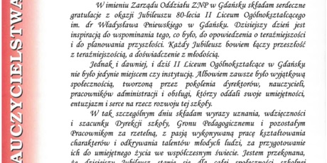 Powiększ grafikę: Życzenia z okazji Jubileuszu 80-lecia II LO