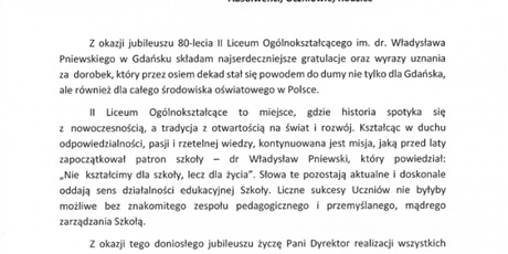 Powiększ grafikę: Życzenia z okazji Jubileuszu 80-lecia II LO