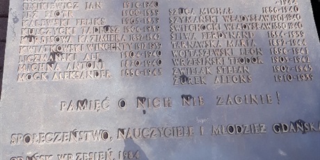 Powiększ grafikę: tablica pamiątkowa z nazwiskami nauczycieli pomordowanych w II wojnie światowej