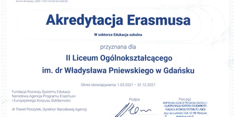 Powiększ grafikę: certyfikat przyznający II LO akredytację Erasmusa